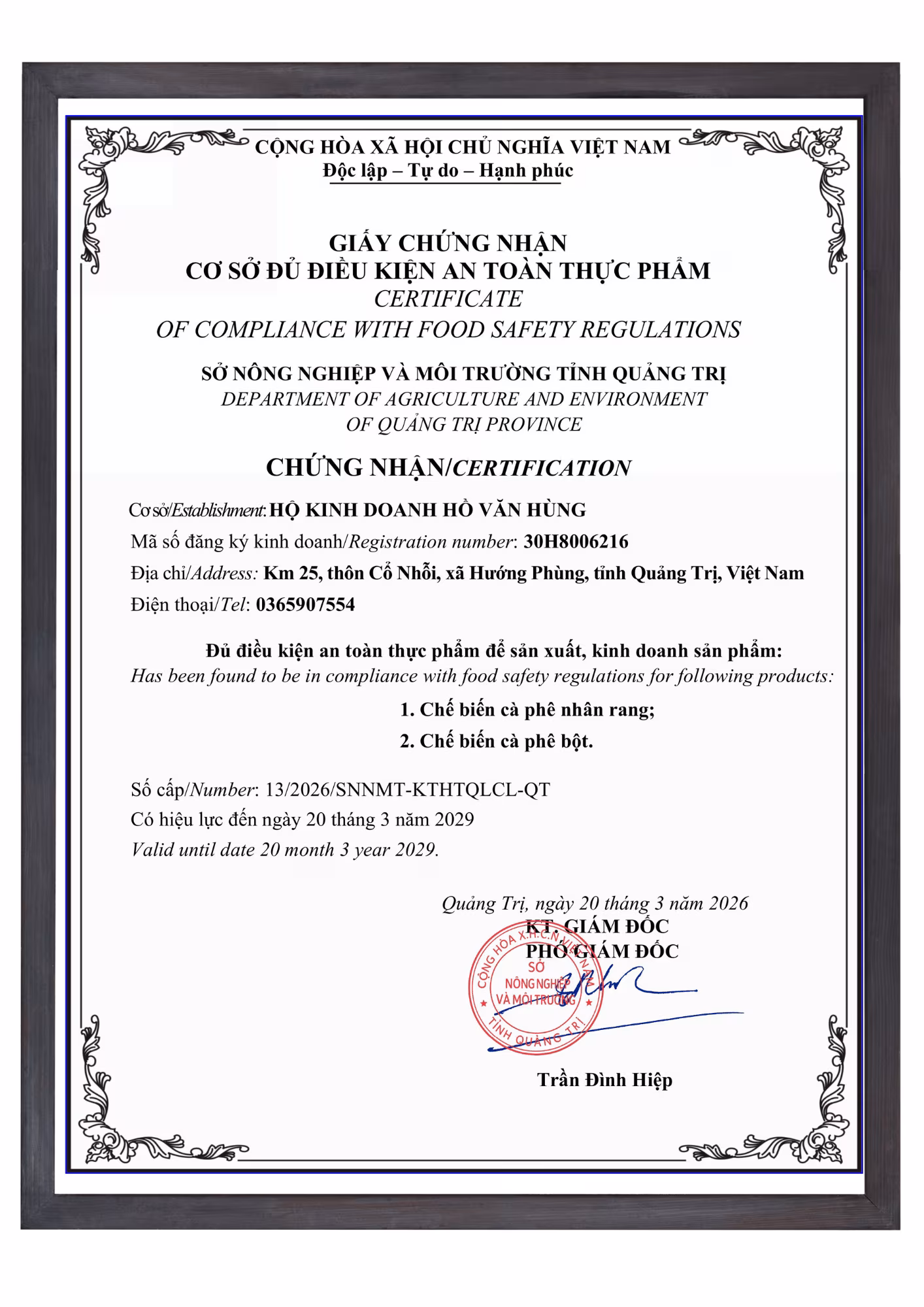 Chứng nhận an toàn vệ sinh thực phẩm father coffee